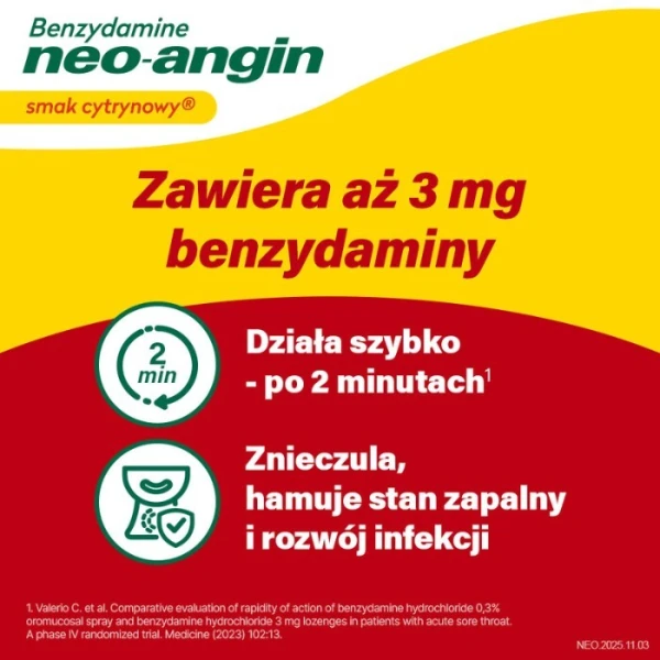 Benzydamine Neo-Angin 3mg, smak cytrynowy, po 6 roku życia, 20 pastylek do ssania 3