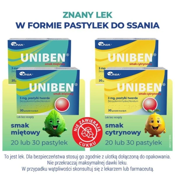 Uniben 3mg, smak miętowy, 30 pastylek do ssania 3