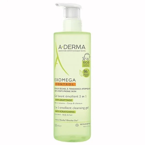 A-Derma Exomega Control, żel do mycia 2w1, przeciw drapaniu, skóra sucha i atopowa, od urodzenia, 500ml