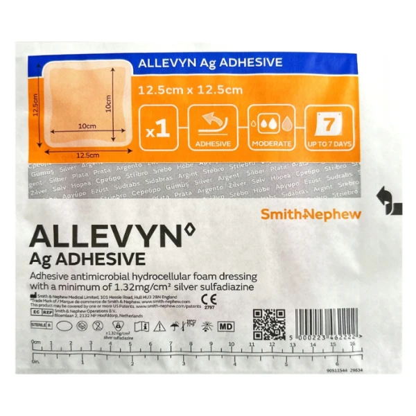 Allevyn Ag Adhesive, przylepny opatrunek piankowy ze srebrem, sterylny, 12,5cmx12,5cm, 1 sztuka