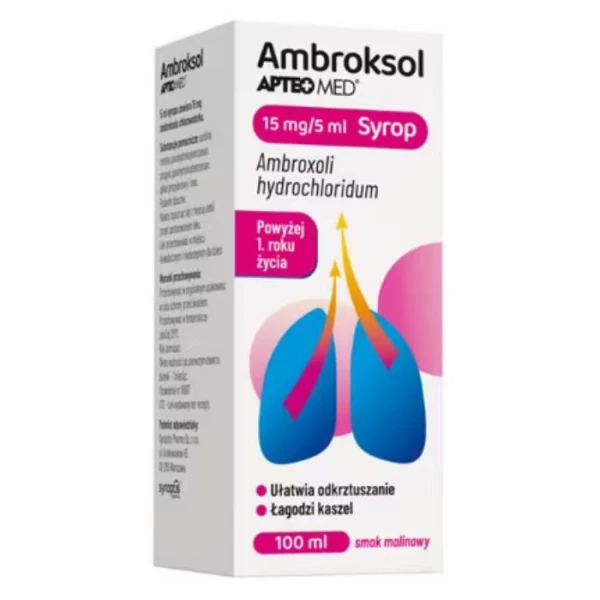 Ambroksol Apteo Med 15mg/5ml, syrop, smak malinowy, po 1 roku życia, 100ml