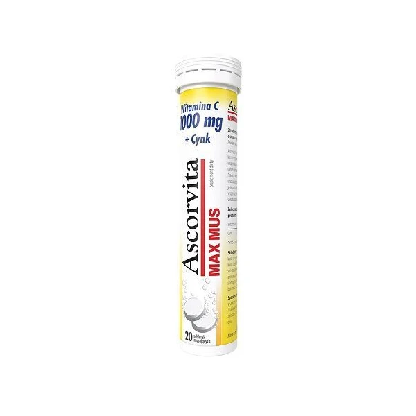 Ascorvita Max Mus, witamina C + cynk, smak cytrynowy, 20 tabletek musujących