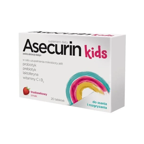 Asecurin Kids, smak truskawkowy, dla dzieci po 3 roku życia, 20 tabletek do ssania i rozgryzania