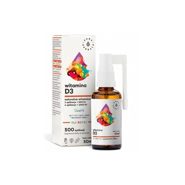 Aura Herbals, Witamina D3 dla dzieci, MCT, aerozol, dla noworodków, niemowląt i dzieci od 1 roku życia, 50ml