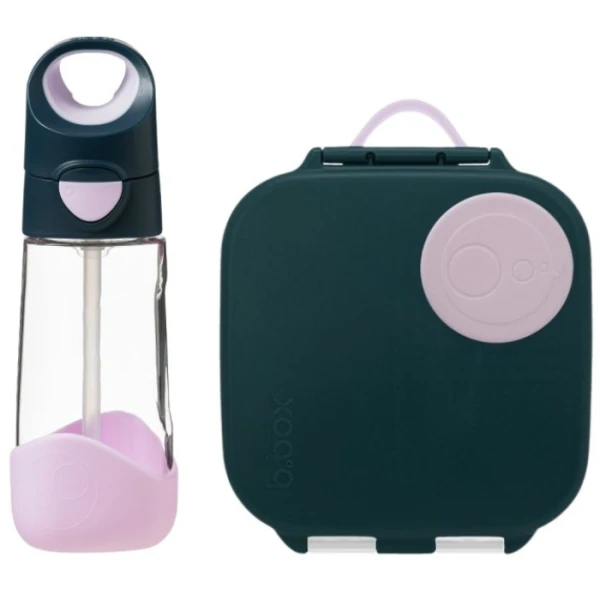 B.Box, Indigo Rose, mini lunchbox, po 3 roku życia, 1 sztuka + bidon tritanowy ze słomką, po 12 miesiącu, 450ml