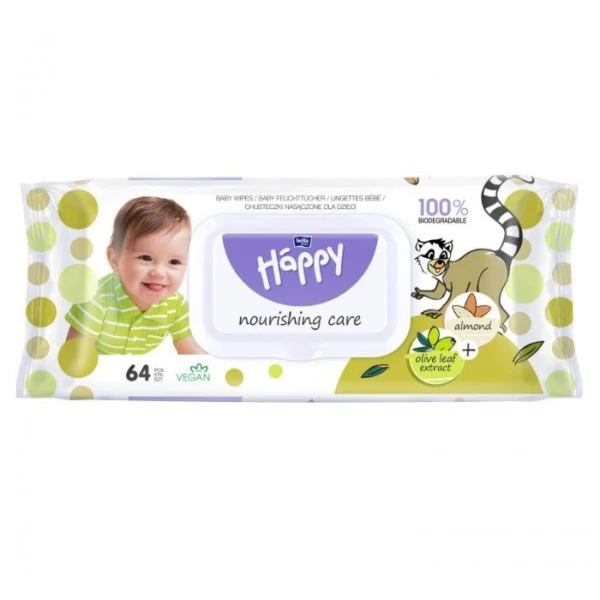 Bella Happy Nourishing Care, chusteczki nasączone, z wyciągiem z migdała, 64 sztuki