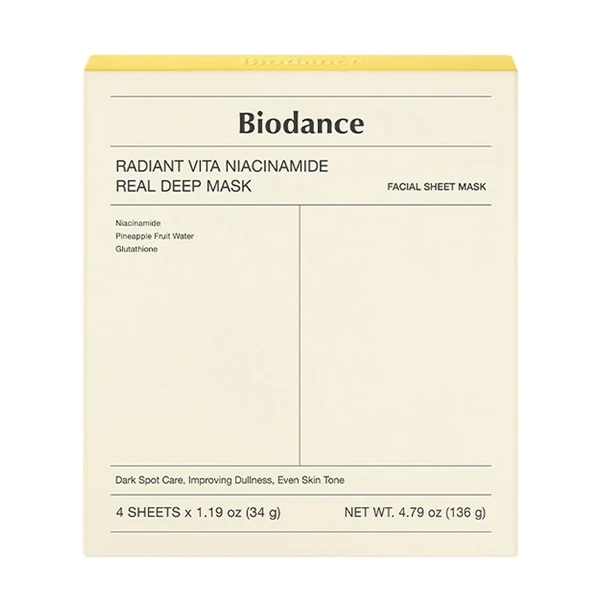 Biodance Radiant Vita Niacinamide Real Deep Mask, rozjaśniająca maska na przebarwienia, 4 sztuki