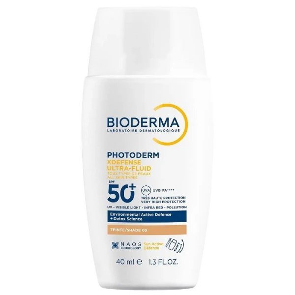 Bioderma Photoderm XDefense Ultra Fluid, ochronny ultralekki fluid SPF50+ o działaniu detoksykującym, kolor 03, 40ml