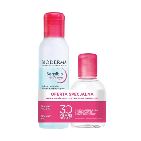 Bioderma Sensibio H2O Eye, dwufazowa woda micelarna do demakijażu oczu, 125ml + woda micelarna, 100ml