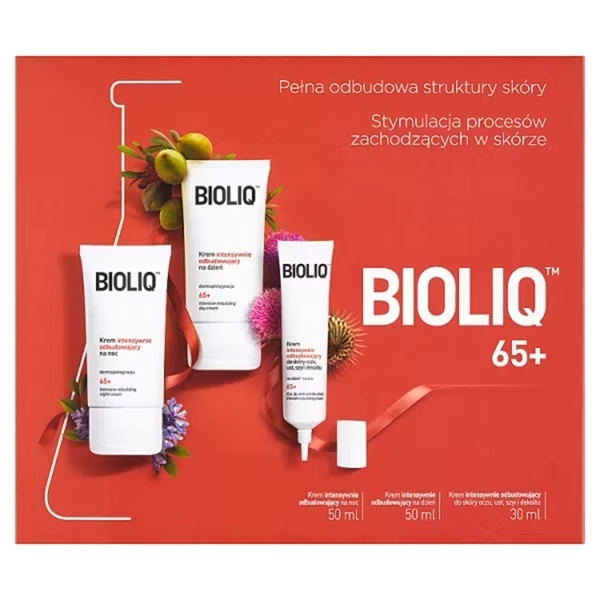 Bioliq 65+, krem intensywnie odbudowujący na dzień, 50ml + krem intensywnie odbudowujący na noc, 50ml + krem do skóry oczu, ust, szyi i dekoltu, 30ml