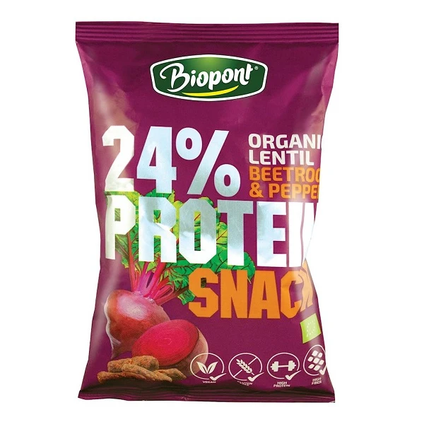 Biopont, ekologiczne chrupki z soczewicy o smaku buraka i pieprzu, bezglutenowe, 50g