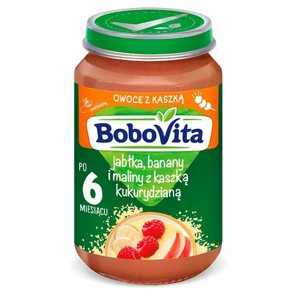 BoboVita, jabłka, banany i maliny z kleikiem kukurydzianym, po 6 miesiącu, 190g