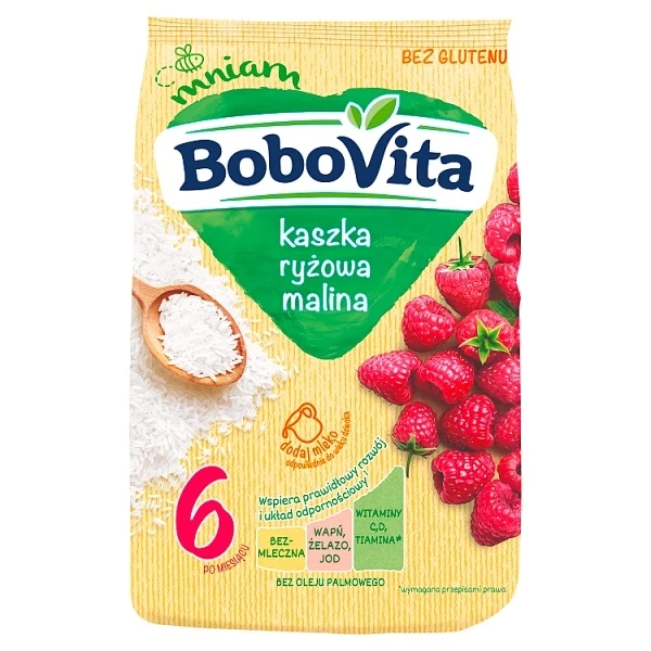 BoboVita, kaszka ryżowa, malina, bezmleczna, po 6 miesiącu, 180g