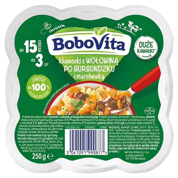 [DATA - 2026-09-18] BoboVita, kluseczki z wołowiną po burgundzku i marchewką, po 15 miesiącu, 250g