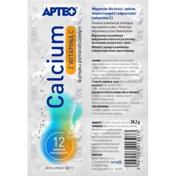 Calcium z witaminą C Apteo, smak pomarańczowy, 12 tabletek musujących