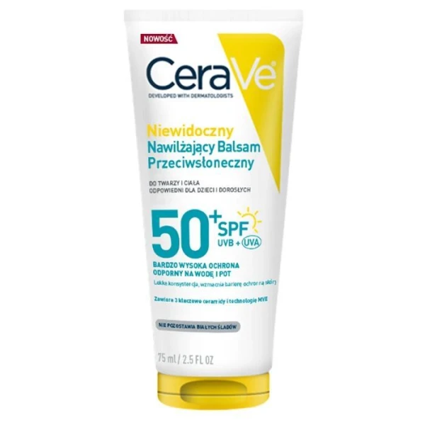 CeraVe, niewidoczny, nawilżający balsam przeciwsłoneczny SPF 50+, do twarzy i ciała, 75ml
