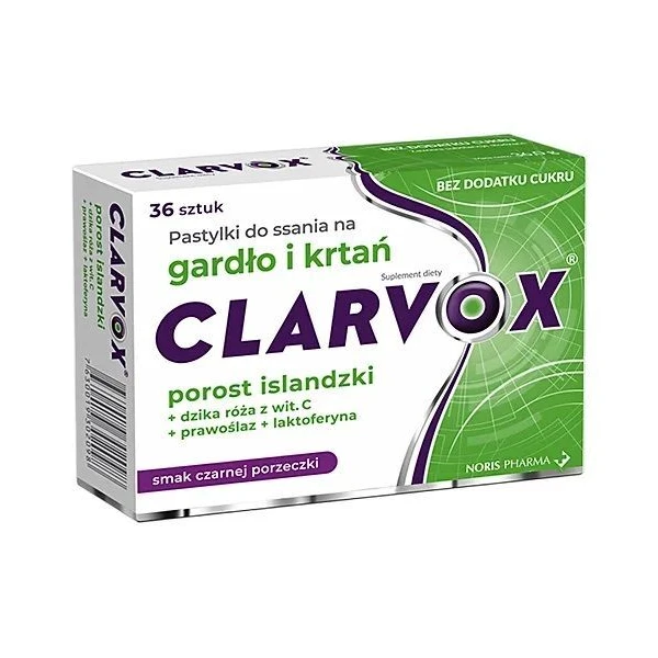 Clarvox, porost islandzki, dzika róża, prawoślaz i laktoferyna, smak czarnej porzeczki, 36 pastylek do ssania