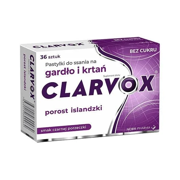 Clarvox, porost islandzki, smak czarnej porzeczki, 36 pastylek do ssania