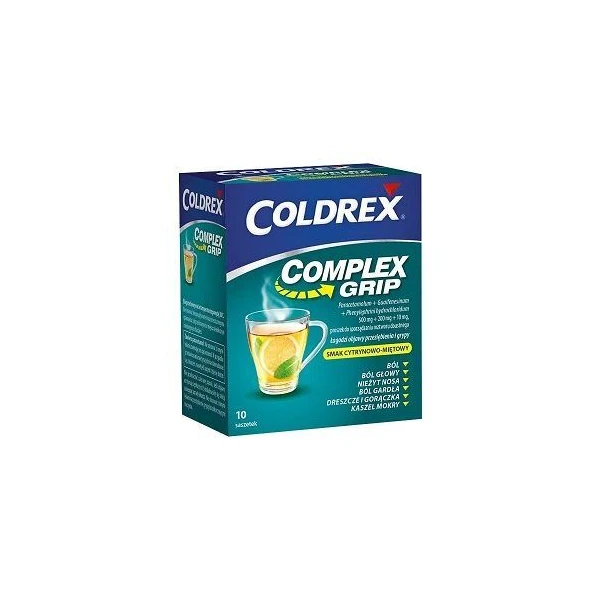 Coldrex Complex Grip (500mg+200mg+10mg), proszek, smak cytrynowo-miętowy, 10 saszetek