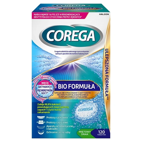 Corega Tabs Bio Formuła, tabletki do czyszczenia protez zębowych, smak miętowy,  120 tabletek