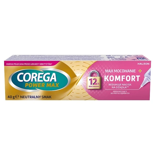 Corega Power Max, Mocowanie + Komfort, krem mocujący do protez zębowych, smak neutralny, 40g