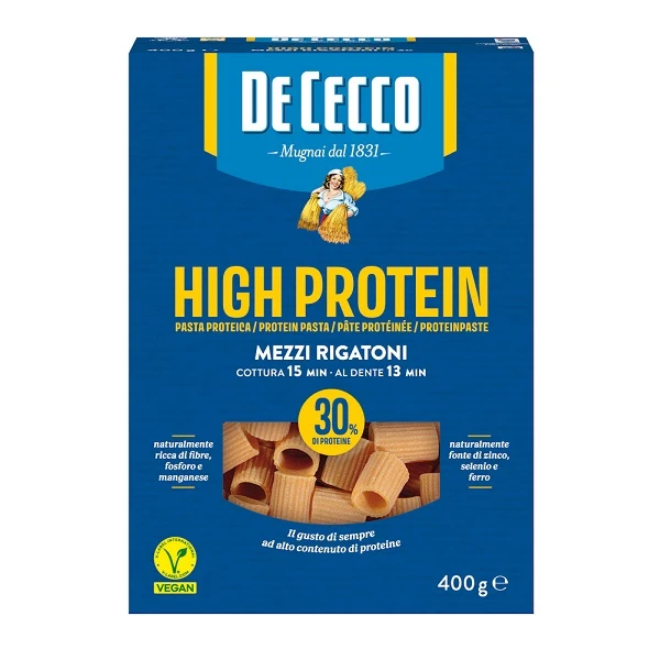 [DATA - 2026-12-04] De Cecco High Protein, włoski makaron wysokobiałkowy, Mezzi Rigatoni N26, 400g