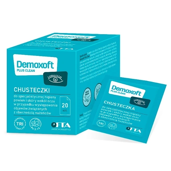 Demoxoft Plus Clean, chusteczki do specjalistycznej higieny powiek i skóry wokół oczu, 20 sztuk