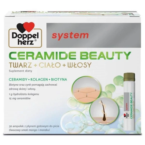 Doppelherz System, Ceramide Beauty, smak mango i marakui, 30 ampułek po 25ml