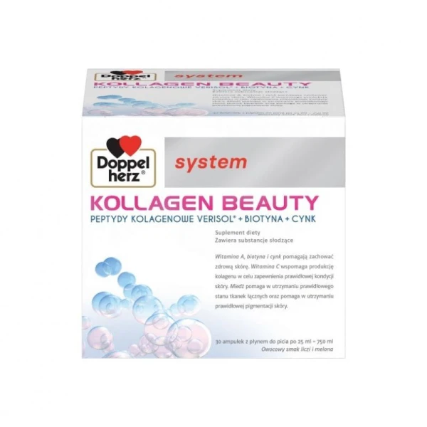 Doppelherz System, Kollagen Beauty, owocowy smak liczi i melona, 30 ampułek po 25ml