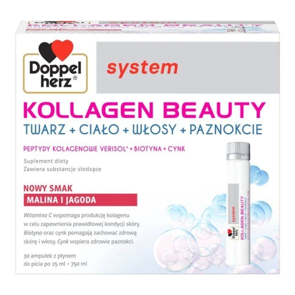 Doppelherz System, Kollagen Beauty, smak malinowo-jagodowy, 30 ampułek po 25ml