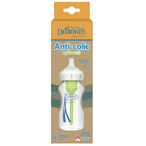 Dr Brown's Options+, butelka antykolkowa z szeroką szyjką, szklana, ze smoczkiem, poziom 1, 0-3 miesięcy, 270ml