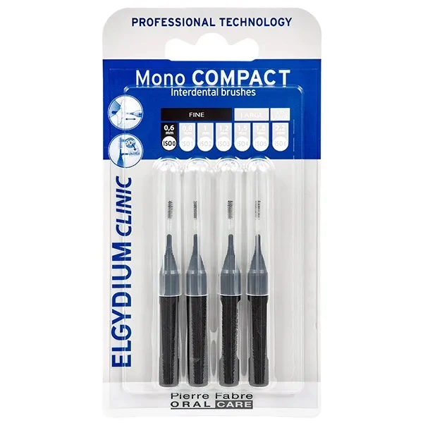 Elgydium Clinic Mono Compact, szczoteczki do przestrzeni międzyzębowych, czarne, rozmiar 0,6mm, 4 sztuki