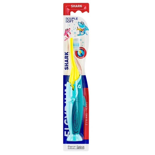 Elgydium Kids Shark, szczoteczka do zębów dla dzieci, miękka, 2-6 lat, 1 sztuka