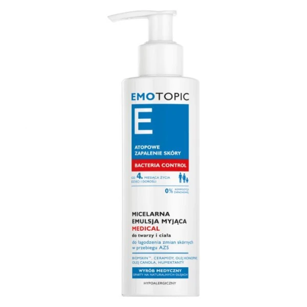 Emotopic Bacteria Control, micelarna emulsja myjąca medical do twarzy i ciała, od 4 miesiąca życia, 190ml