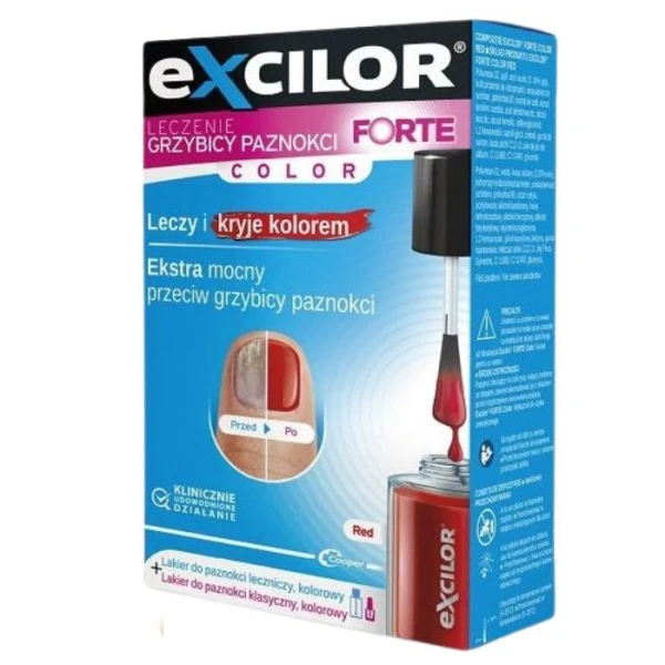 Excilor Forte Color, leczenie grzybicy paznokci, płyn, 30ml + lakier, kolor czerwony, 8ml