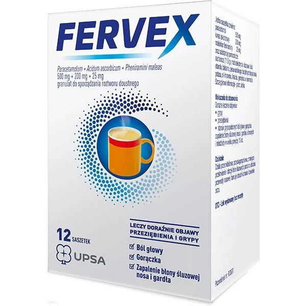 Fervex (500mg+200mg+25mg), granulat do sporządzania roztworu doustnego, 12 saszetek