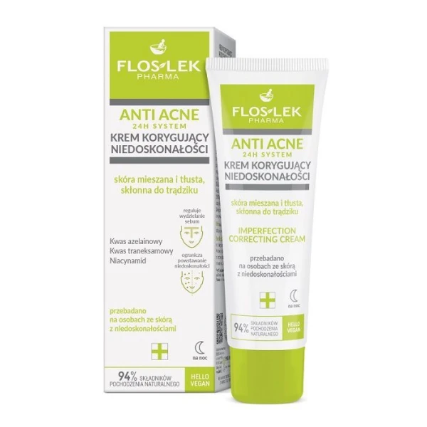 Flos-Lek Pharma, Anti Acne 24h System, krem korygujący niedoskonałości na noc, do skóry tłustej, mieszanej i trądzikowej, 50ml