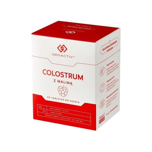 Genactiv Colostrum z maliną, dla dorosłych i dzieci po 3 roku życia, 60 tabletek do ssania