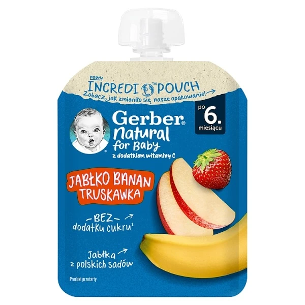 Gerber, mus owocowy, jabłko, banan i truskawka, po 6 miesiącu, 80g