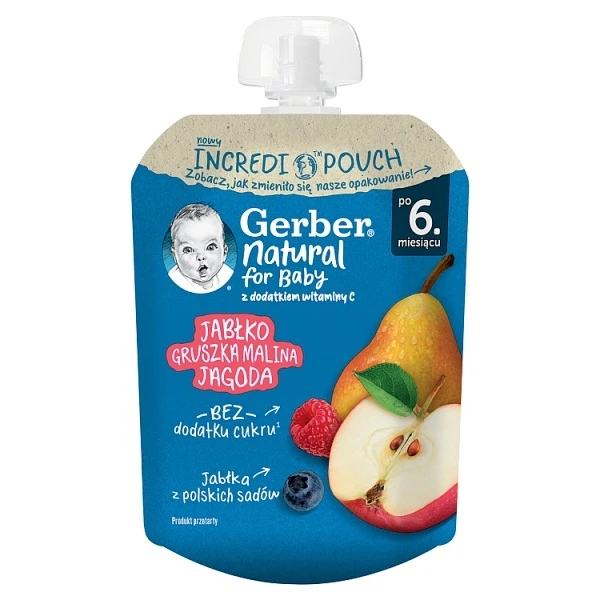 [DATA - 2026-10-30] Gerber, mus owocowy, jabłko, gruszka, malina i jagoda, po 6 miesiącu, 80g