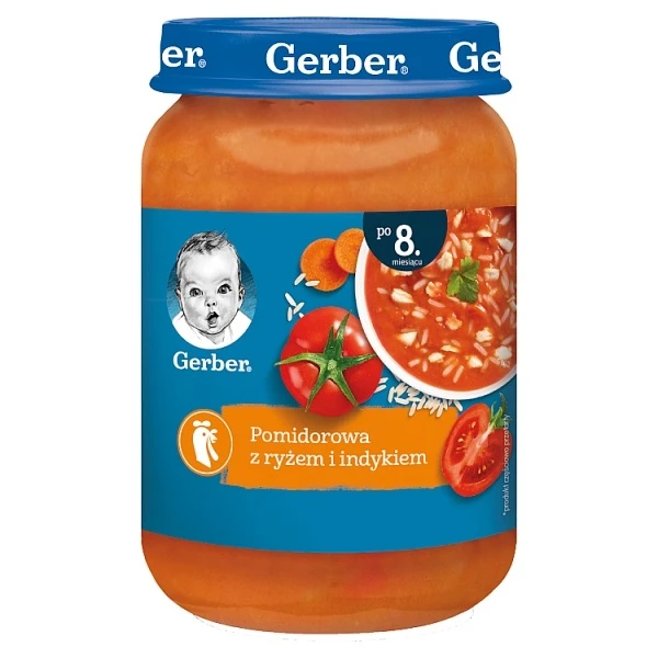 Gerber, pomidorowa z ryżem i indykiem, po 8 miesiącu, 190g