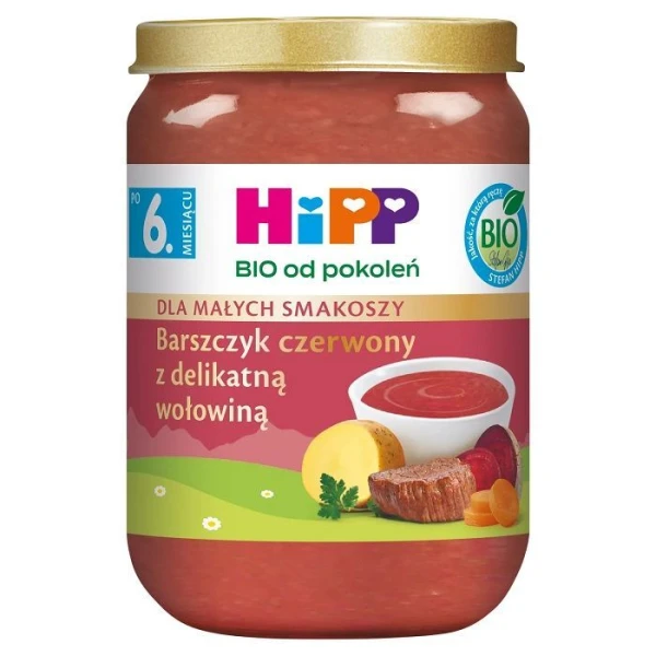 Hipp, barszczyk czerwony z delikatną wołowiną, Bio, po 6 miesiącu, 190g