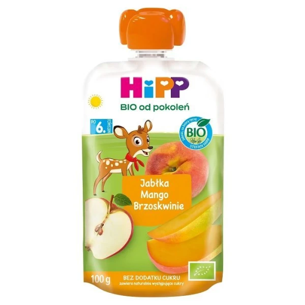 [DATA - 2026-10-25] Hipp, jabłka, mango, brzoskwinie, Bio, po 6 miesiącu, 100g