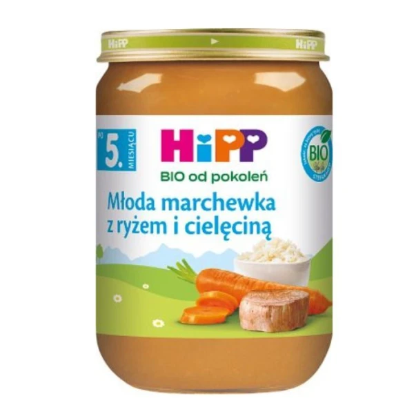 Hipp, młoda marchewka z ryżem i cielęciną, po 5 miesiącu, 190g
