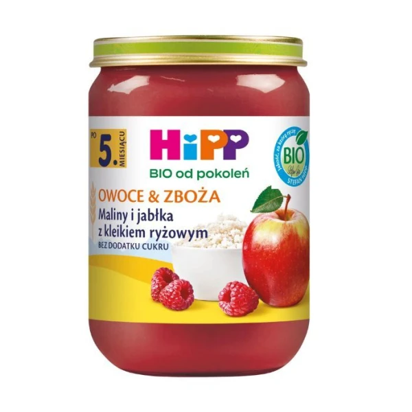 Hipp, Owoce & Zboża, maliny i jabłka z kleikiem ryżowym, po 5 miesiącu, 190g