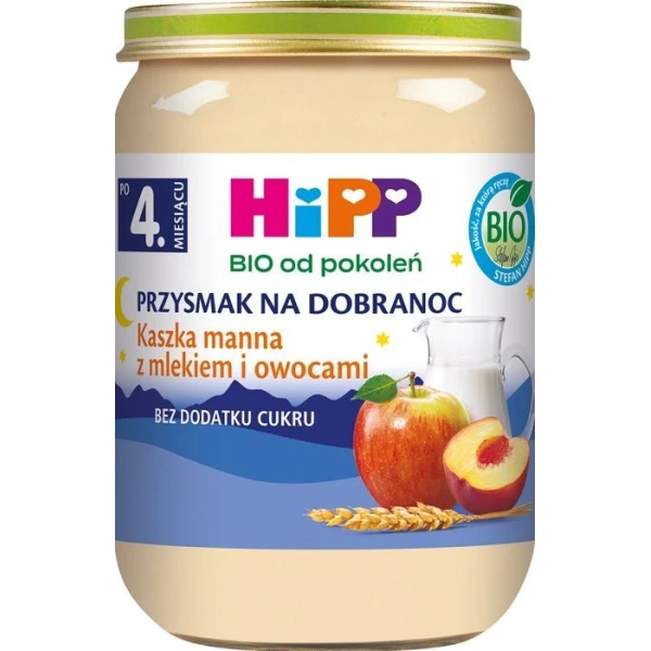 Hipp, Przysmak na dobranoc, kaszka manna z mlekiem i owocami, Bio, po 4 miesiącu, 190g