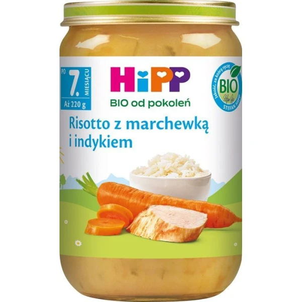 Hipp, risotto z marchewką i indykiem, Bio, po 7 miesiącu, 220g