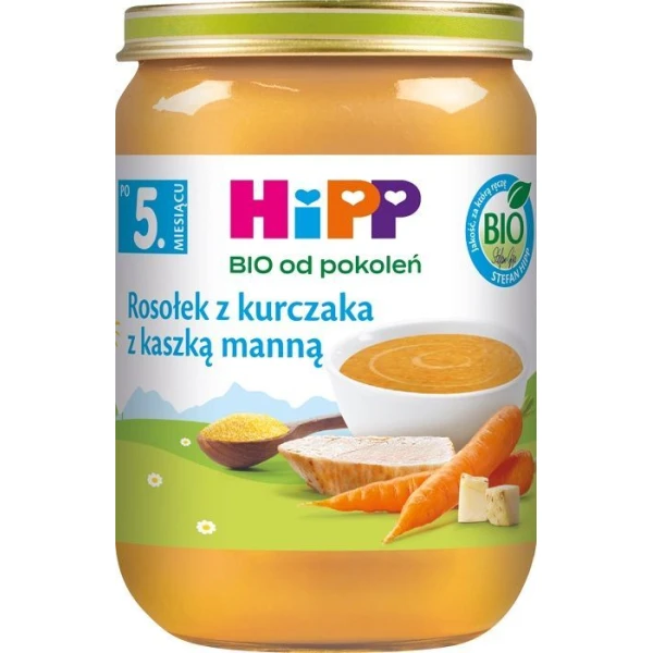 [DATA - 2026-10-31] Hipp, rosołek z kurczaka z kaszką manną, Bio, po 5 miesiącu, 190g
