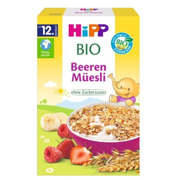 [DATA - 2026-12-31] Hipp, wielozbożowe Musli Bio, truskawki, maliny, bez dodatku cukru, od 12 miesiąca, 200g