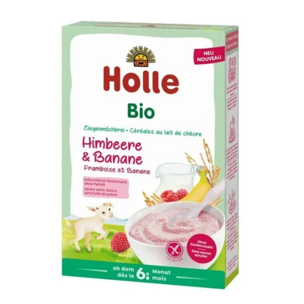 Holle, kaszka ryżowa, malinowo-bananowa z pełnym mlekiem kozim, Bio, po 6 miesiącu, 200g